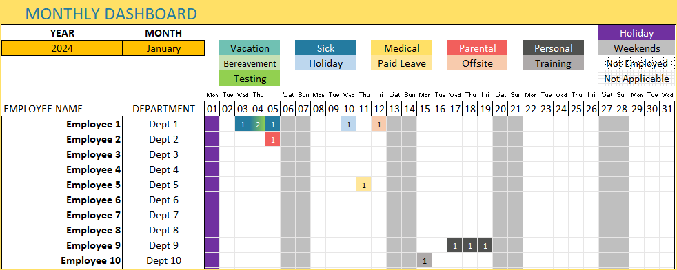 Monthly Team Dashboard Page 1 with Calendar view