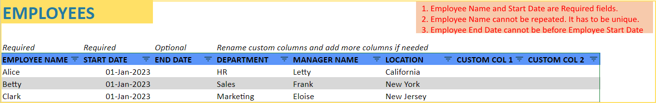 Employee Leave Manager Google Sheet template - Enter Employees