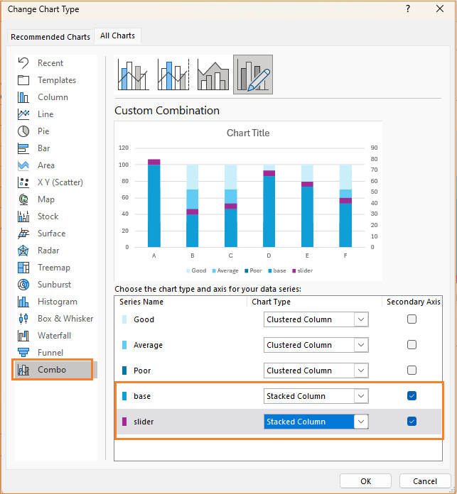 Stacked Column Chart with slider change chart type dialog box