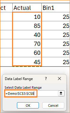 Progress tracker using stacked column Chart choose actual value range as label