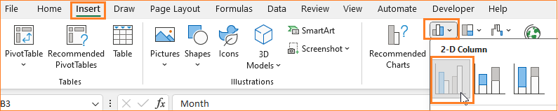 Column Chart with Multiple Series  insert 2D column chart