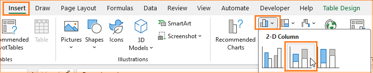 Column Chart to Display Actual, Target, and Variance insert stacked column