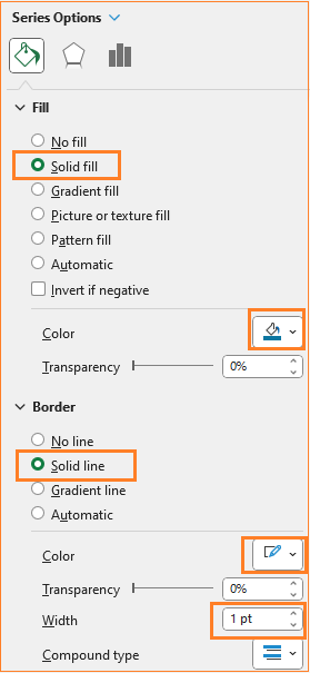 Progress tracker using stacked column Chart modify fill color border, type an dwidth