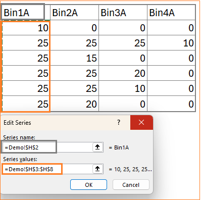 Progress tracker using stacked column Chart add Bin1A series