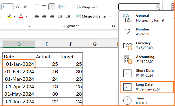 Actual vs Target chart for time series data sample data with long date format