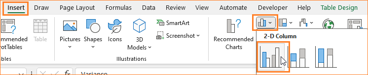 Column Chart to Display Variance with Different Colors insert 2D column chart