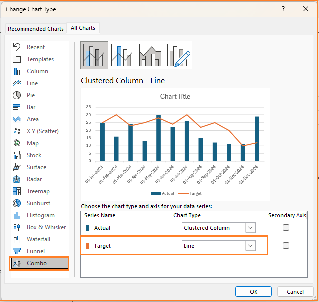 Actual vs Target chart for time series data change chart type to Line