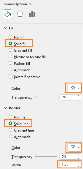 Progress tracker using stacked column Chart add the fill color, border and width for Bin 1