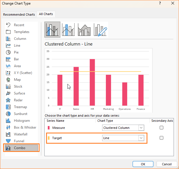 Column chart with single target line change chart type to line