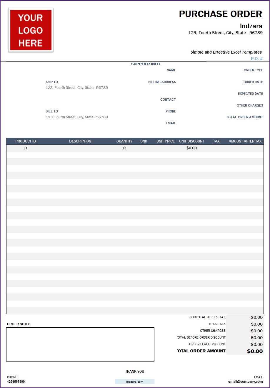 Create Purchase Orders - Sections of Purchase Order - Retail Business Manager Excel Template